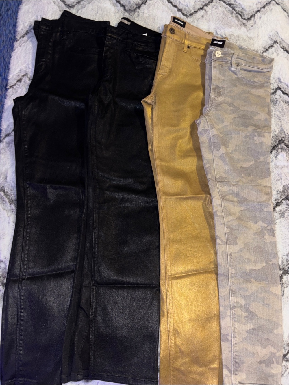 Lot of 4 Hudson Jeans Skinny Trio — Black, Gray Camo, Gold. NWOT
